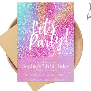 Glitter Gradient Pink Birthday Invitation Rainbow Party Invite Download Editable Canva Template Girls Invitation Instant Download - MZ24