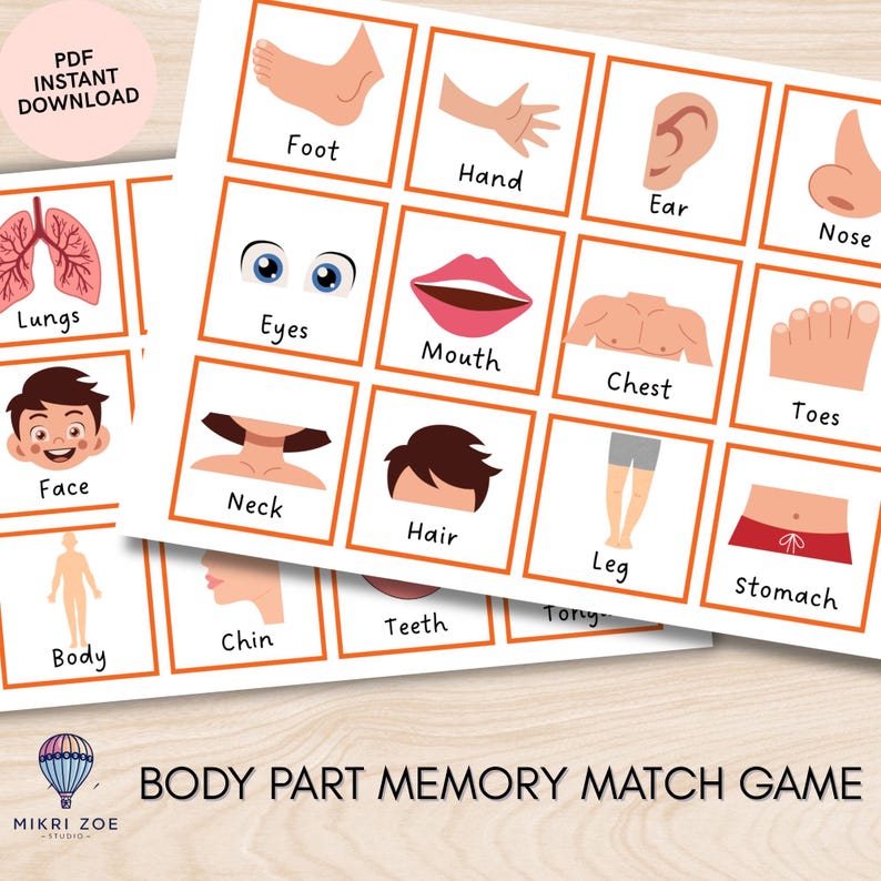 Memory Game in English - Body Parts: Kids Printable Matching Card Game ...