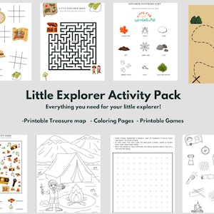 May include: A printable activity pack for kids featuring a treasure map, coloring pages, and games. The pack includes a maze, a scavenger hunt, a tic-tac-toe game, a 'I Spy' game, and a connect-the-dots game. The pack is designed for young explorers and features a camping theme.