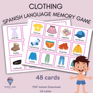 Op de afbeelding: Flashcards voor een Spaans taalgeheugenspel, met kledingvocabulaire. Elke kaart toont een kleurrijke illustratie van een kledingstuk met de Spaanse naam. De tekst "CLOTHING" en "SPANISH LANGUAGE MEMORY GAME" staan bovenaan.