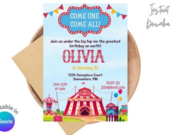 May include: A colorful circus-themed birthday invitation for Olivia's 5th birthday. The invitation features a big top tent, a red and white striped tent, and a blue and red sign that says "Come One Come All!"