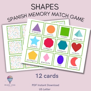 May include: A set of 12 Spanish memory match game cards featuring colorful geometric shapes like triangles, circles, and stars. The cards are labeled with Spanish shape names and the text "SHAPES SPANISH MEMORY MATCH GAME". The cards are a PDF instant download.