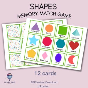 May include: A set of 12 shape memory match game cards. Each card features a different shape in a vibrant color, including a triangle, circle, square, and heart. The cards are labeled with the shape names. The text "SHAPES MEMORY MATCH GAME" is at the top.