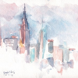watercolor NYC painting, New York fine art print of original New York City watercolor, NYC painting from Brooklyn view. \ New York print