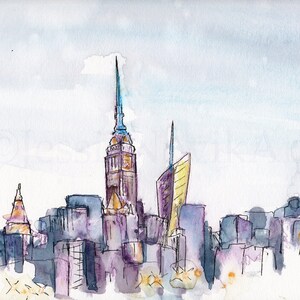 New York City watercolor painting, New York print of original watercolor cityscape, abstract NYC painting from Brooklyn view. New York print