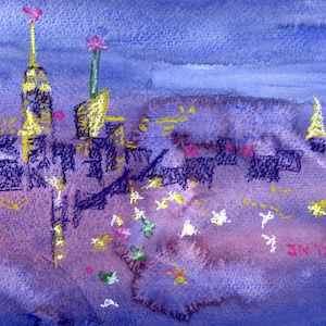 NYC watercolor painting, print of NY skyline, fine art original print oil pastel urban sketch NYC landscape New York