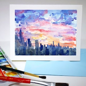 Hand painted Christmas Card Holiday Greeting Card NYC skyline sunset New York Brooklyn artist holiday notecard blank stationary size A2