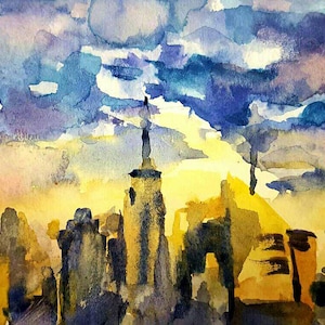 Watercolor Cityscape, Manhattan view at sunset, urban watercolour sketch fine art print of original painting, home decor watercolor new york