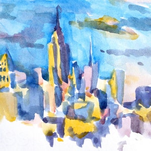 New York Watercolor cityscape print, NYC, NY print of original watercolour painting NYC skyline from Brooklyn New York Print Sunset