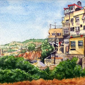 Jerusalem Israel Watercolor print, Israeli landscape painting, fine art print of original aquarelle landscape  illustration archival print