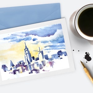 Skyline di New York acquerello Holiday Greeting Card NYC, invito New York, cartolina di Natale, skyline di Manhattan, stazionarie dimensione A2