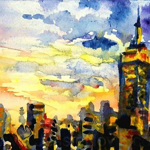 NYC Print Manhattan skyline, New York City sunset watercolor fine art print original painting from Brooklyn Rooftop Urban sketch aquarelle