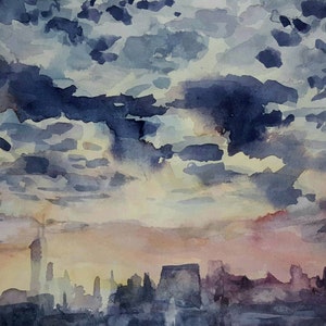 New York City Print of original Watercolor cityscape fine art print of Manhattan skyline, urban painting sunset art for home or office