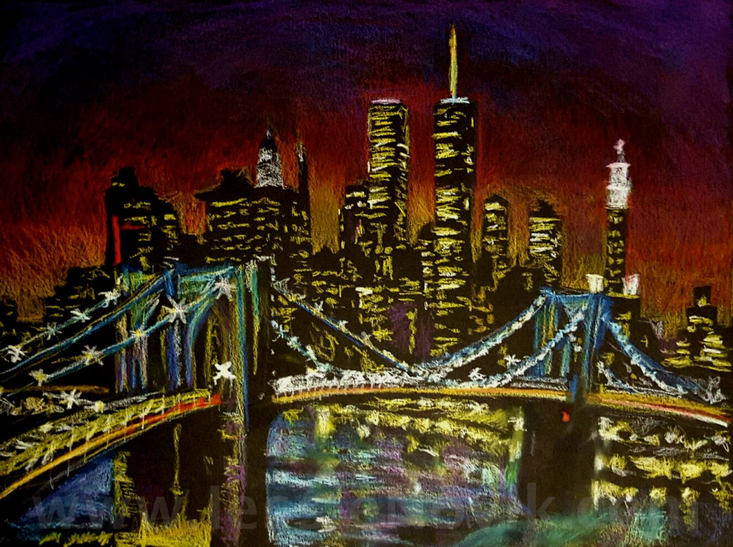 NYC New York Brooklyn Bridge sunset Oil pastel print original Etsy