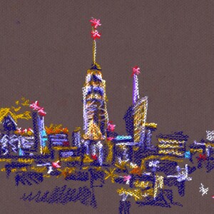 New York City pastel sketch, print of NYC skyline, fine art original print, oil pastel urban sketch NYC landscape New York painting NY art