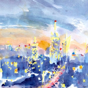 New York watercolor print, NYC watercolor painting, NY painting, Manhattan skyline art Brooklyn artist sunset watercolor aquarelle cityscape