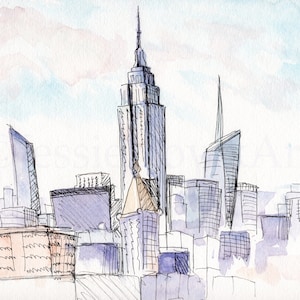New York City watercolor painting, NYC fine art print of original watercolor, NYC painting from Brooklyn view. sunset city NY, New York