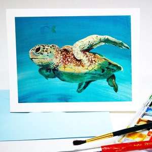 Meeresschildkröte-Urlaub-Grußkarte, Druck von original Acrylbild, handgemachte Notecard gemalt stationär, Meeresschildkröte, Einladung Größe A2