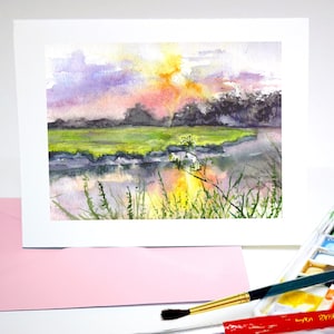 Acquerello Holiday Greeting Card, biglietto di ringraziamento, tramonto, aquarelle, invito, cartolina di Natale, stazionarie dimensione A2