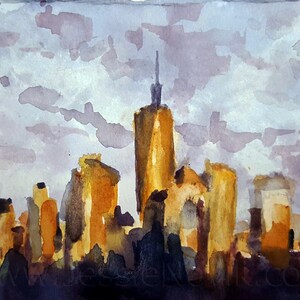 Manhattan watercolor NYC print, New York City painting, urban sketch, home wall art, office decor, freedom tower, world trade center, ny art