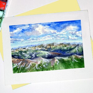 Cartão de férias com paisagem de montanha do Colorado, cartão de felicitações de belas artes, montanhas rochosas canadenses, paisagem natural estacionária artesanal, aquarela, tamanho A2