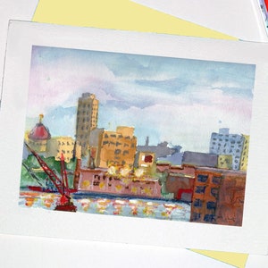Holiday Greeting Card, paesaggio urbano dell'acquerello di NYC, cartolina di Natale, New York paesaggio invito, notecard a mano dimensione A2.