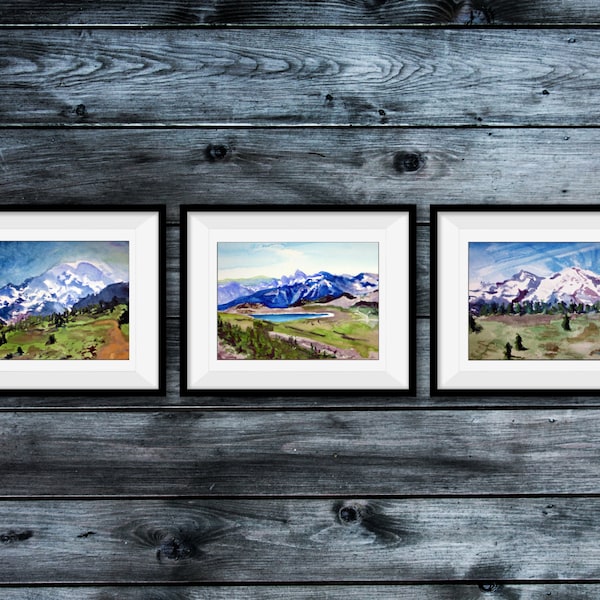 Watercolor Landscape Set of 3 fine art prints original watercolor paintings Washington State Mt. Rainier.  office or home decor mountain art