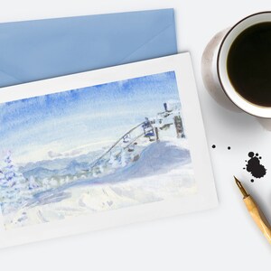 Cartão de felicitações de Natal feito à mão, paisagem de montanha do Colorado, cartão de felicitações de belas artes, aquarela de paisagem natural estacionária feita à mão tamanho A2