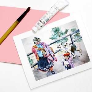 Peru-Aquarell-Urlaub-Grußkarte, Mutter und Tochter-Karte, Dankeschön-Karte, Einladung, Weihnachtskarte, stationäre Größe A2, Aquarell