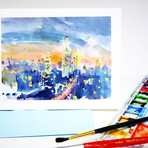 watercolor New York stationary, Holiday art Greeting Card, NYC skyline New York City art handmade holiday notecard stationary size A2, no.9