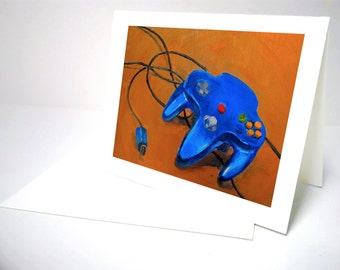 regalo di festa cartolina d'auguri blu n64 controller carta fatta a mano di Natale vacanza per marito figlio o fidanzato arte notecard dimensione A2, no. 12