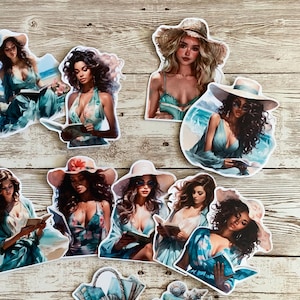 Summer Reading on the Beach - set of 13 glossy vinyl stickers, bookish summer themed for book lovers