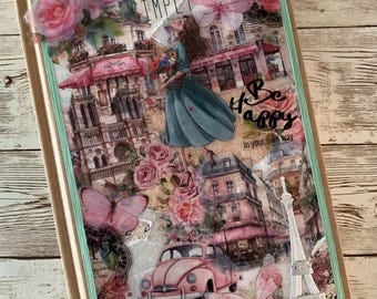 blank journal with handmade mixed-media cover – “Take me to Paris”