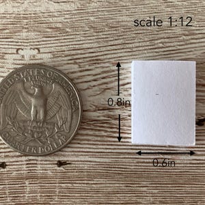 K&ouml;nnte beinhalten: Ein wei&szlig;es rechteckiges Objekt, 2,0 cm hoch und 1,5 cm breit, liegt neben einer Vierteldollarm&uuml;nze. Der Text "scale 1:12" befindet sich &uuml;ber dem Objekt. Die Objekte befinden sich auf einer Holzoberfl&auml;che.