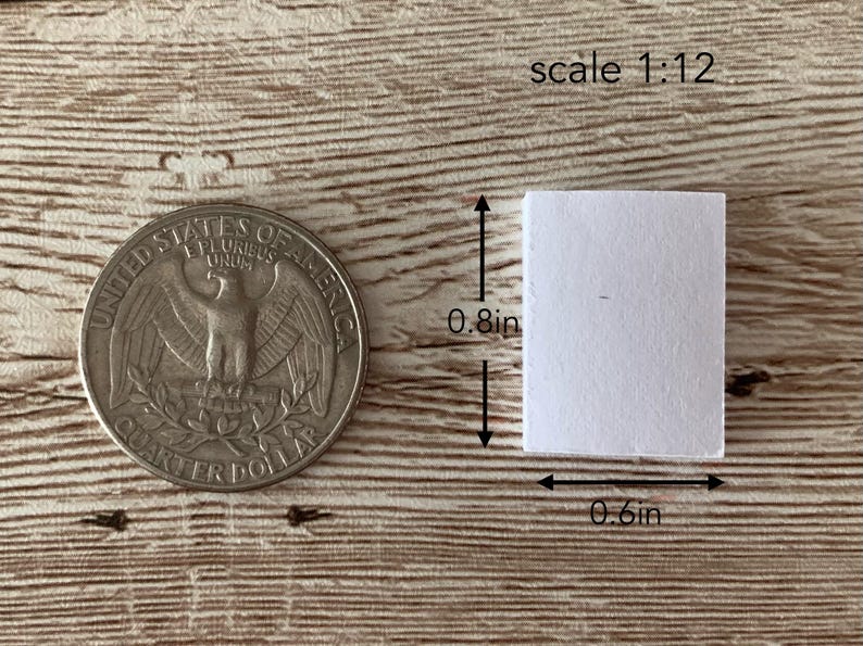 K&ouml;nnte beinhalten: Ein wei&szlig;es rechteckiges Objekt, 2,0 cm hoch und 1,5 cm breit, liegt neben einer Vierteldollarm&uuml;nze. Der Text "scale 1:12" befindet sich &uuml;ber dem Objekt. Die Objekte befinden sich auf einer Holzoberfl&auml;che.