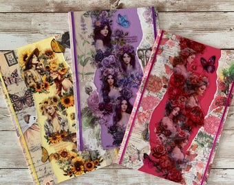 Set of 3 handmade greeting cards – OOAK mixed media collage – “Fantasy Florals” (with envelopes)