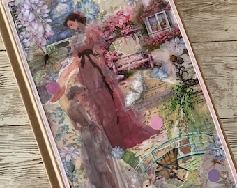 blank journal with handmade mixed-media cover – “A walk in Monet’s garden”