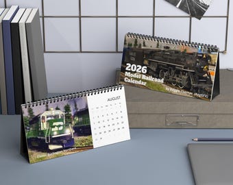 2026 Calendar Desktop – Model Railroad Art Gift for Railfans, Vintage Locomotive Photography Calendar