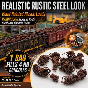 May include: Hand-painted plastic loads for model trains, featuring a realistic rustic steel look. The set includes coiled brown metal-like shapes. Text on the image includes: REALISTIC RUSTIC STEEL LOOK, Hand-Painted Plastic Loads, 1 BAG FILLS 4 HO GONDOLAS.
