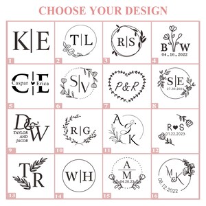 Puede incluir: Una selección de 16 diseños de monogramas, cada uno en un marco cuadrado. Los diseños incluyen iniciales, fechas y elementos florales. El texto "CHOOSE YOUR DESIGN" está en la parte superior. Los diseños son en blanco y negro.