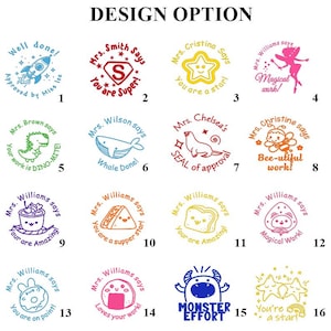 May include: A collection of colorful teacher stamps with various designs, including a rocket, star, dinosaur, whale, seal, bee, cupcake, sandwich, toast, donut, onigiri, monster, and stars. Each stamp features a positive message.