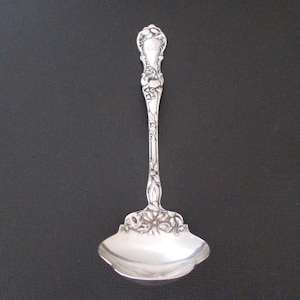 May include: A silver serving spoon with an ornate floral design. The spoon features a detailed handle with engraved floral patterns and a decorative bowl. The spoon's handle has an engraved monogram at the top. The spoon is made of a shiny, reflective metal.