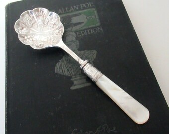 Antique Fruit Spoon Mother of Pearl Handle with Silverplate Bowl, Vintage Serving Spoon, Repousse Fruit Design