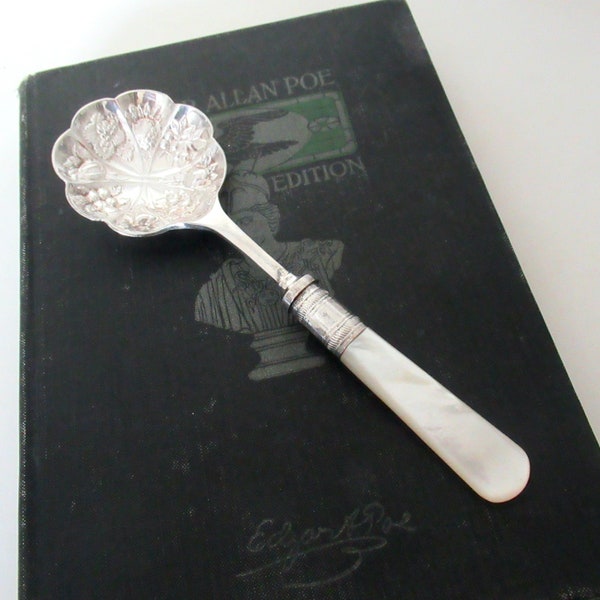 Antique Fruit Spoon Mother of Pearl Handle with Silverplate Bowl, Vintage Serving Spoon, Repousse Fruit Design