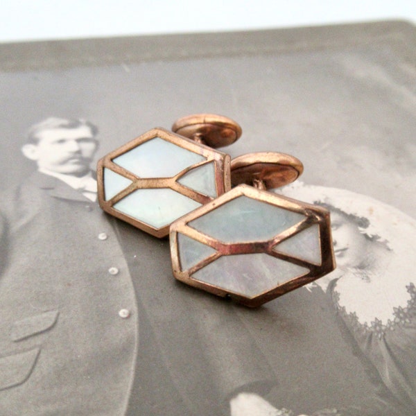 Antique Mother of Pearl Geometric Cufflinks, Art Deco Cuff Links, Groomsmen Gift, Mens Jewelry