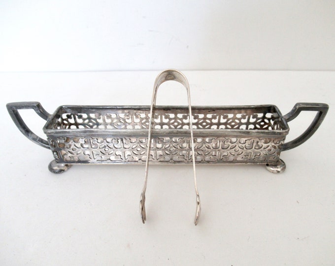 Antique Victorian Sugar Cube Holder Caddy With Sugar Tongs, Silverplate