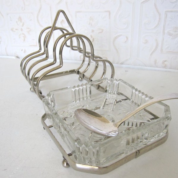 Vintage Toast Rack with Glass Jam Dish and Silverplate Spoon, English Toast Holder Rack
