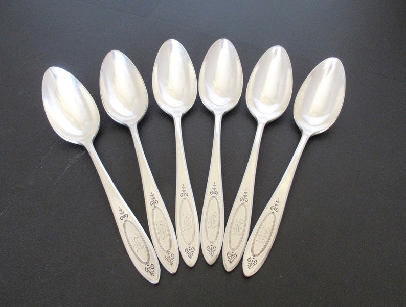 Antique F Monogrammed Teaspoons, Adam 1917 by Community Silverplate, Art Deco Flatware Vintage Silverware Set of 6 Spoons image 2