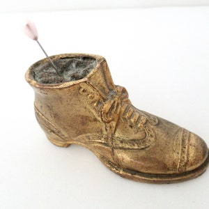 Antique Brass Boot Pin Cushion: Victorian Sewing Notion