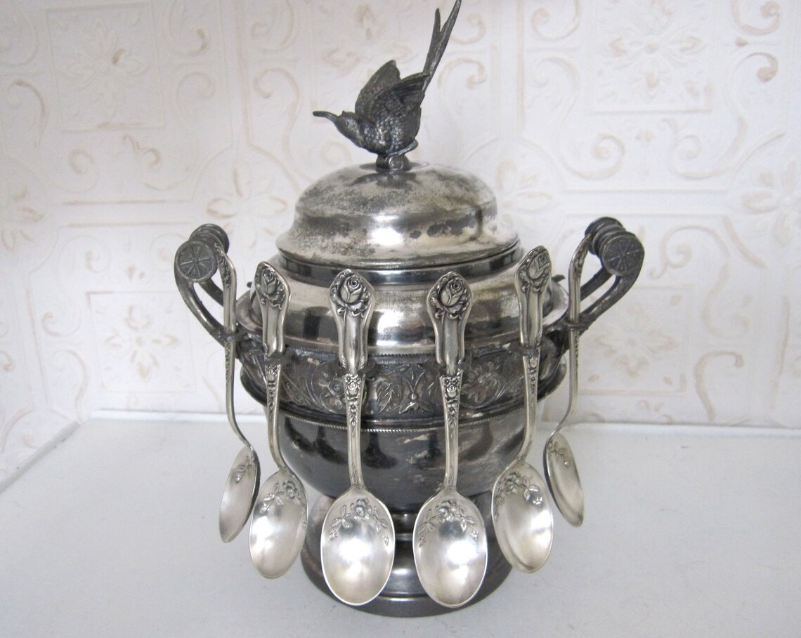 Antique Victorian Spooner Bird Finial Sugar Bowl and Silver Etsy